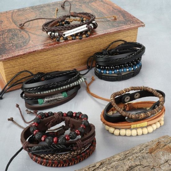 31Pcs Braided Leather Bracelets For Men Women Wooden Beaded Wrist Woven Cuff Wrap Bracelet Set Adjustable 31Pcs Braided Leather Bracelets For Men Women Wooden Beaded Wrist Woven Cuff Wrap Bracelet Set Adjustable